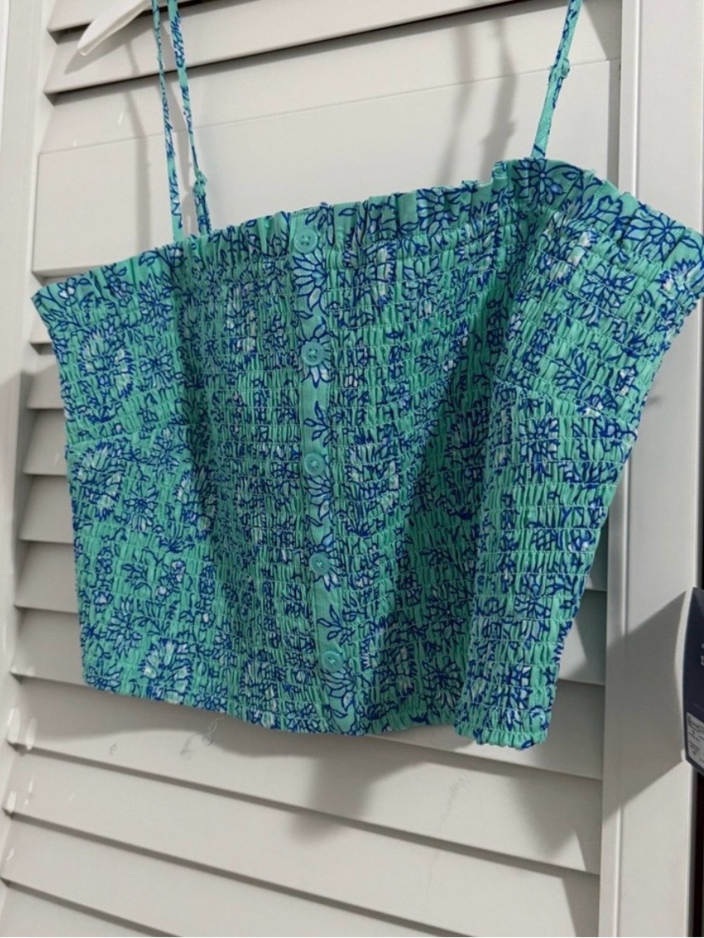 Roller Rabbit Smocked Floral Button-Front Crop Top in Aqua Blue